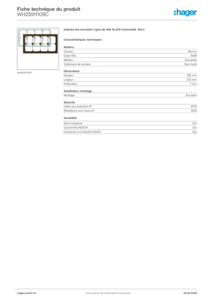 Image Hager Fiche technique du produit WH25911109C | Hager Suisse