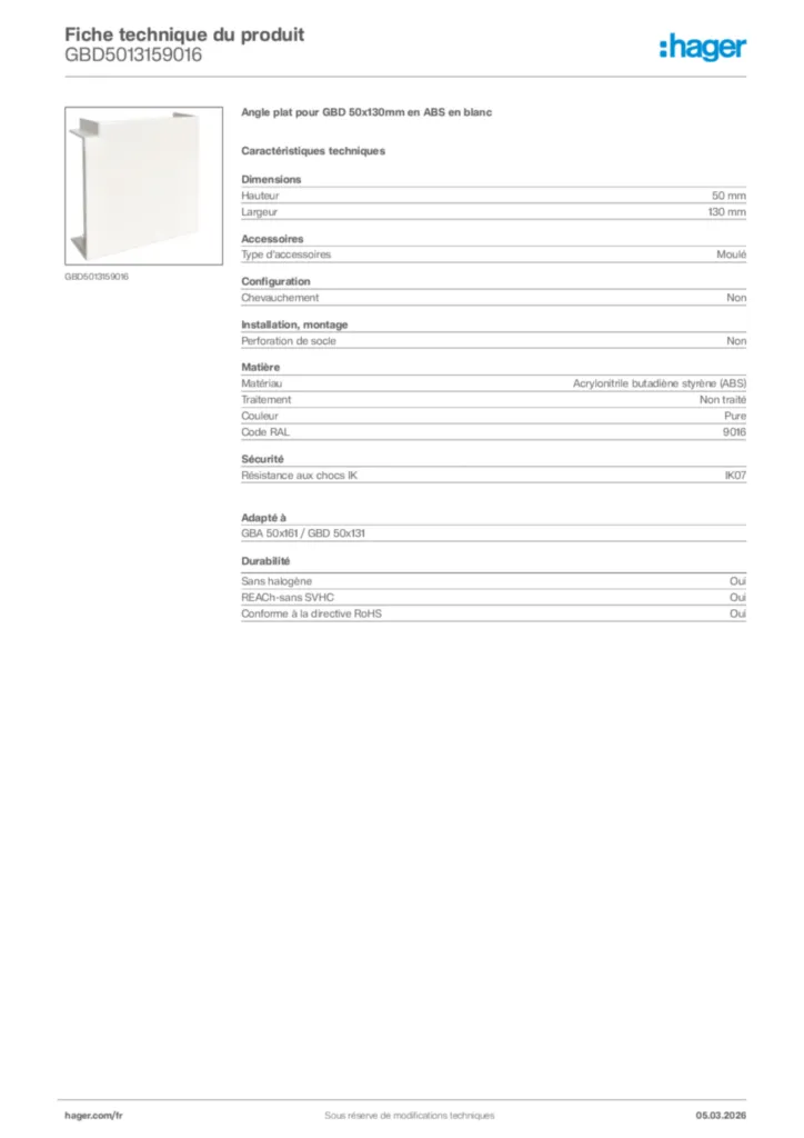 Image Hager Fiche technique du produit GBD5013159016 | Hager France