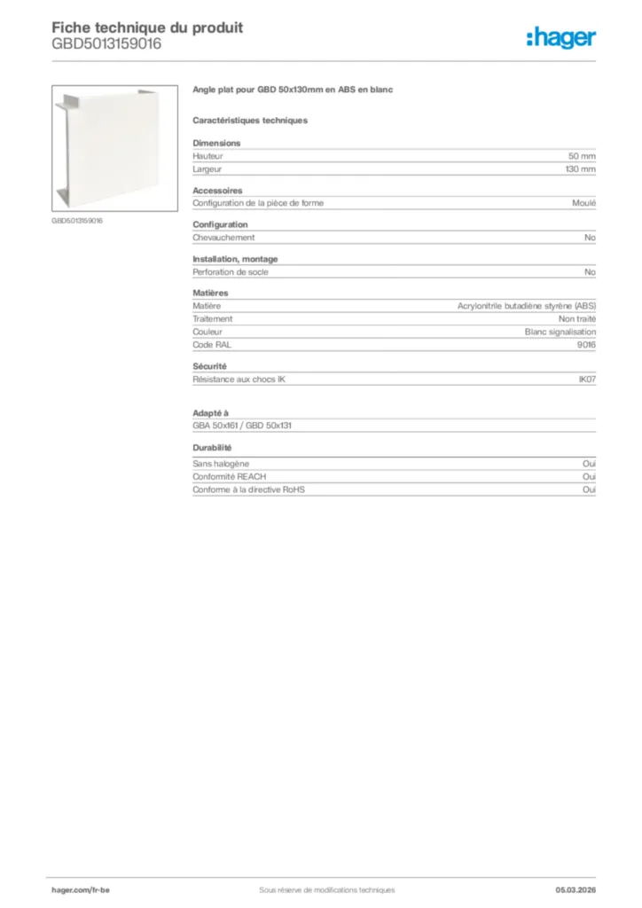 Image Hager Fiche technique du produit GBD5013159016 | Hager Belgique