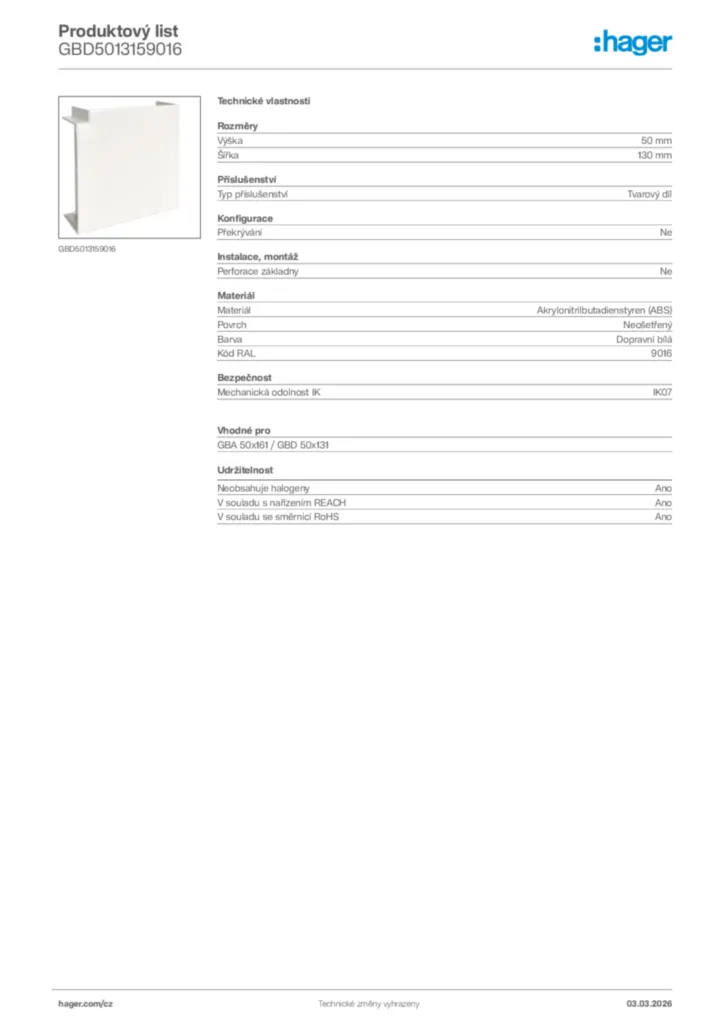 Obrázek Hager Product data sheet GBD5013159016 | Hager