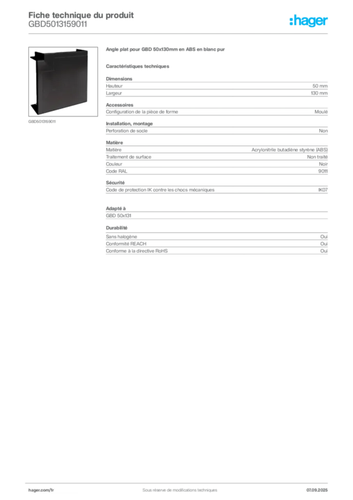 Image Hager Fiche technique du produit GBD5013159011 | Hager France
