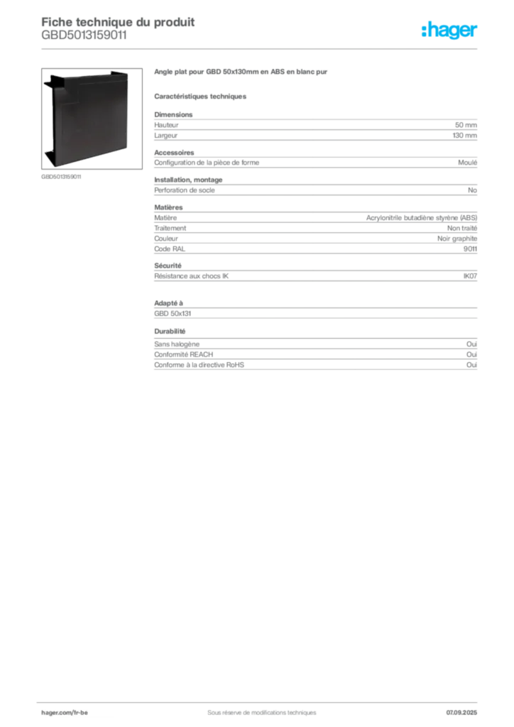 Image Hager Fiche technique du produit GBD5013159011 | Hager Belgique
