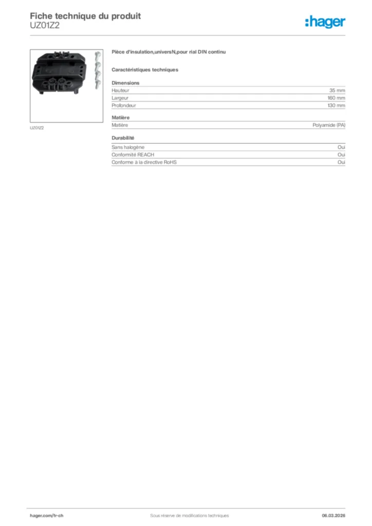 Image Hager Fiche technique du produit UZ01Z2 | Hager Suisse