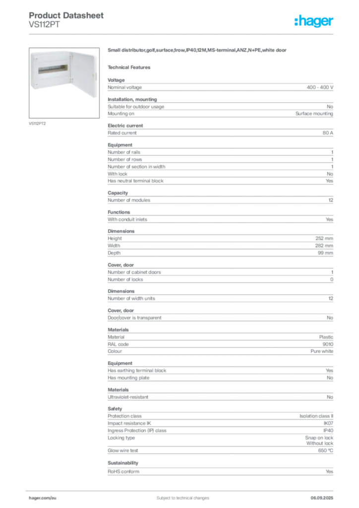 Image Hager Product data sheet VS112PT  | Hager Australia