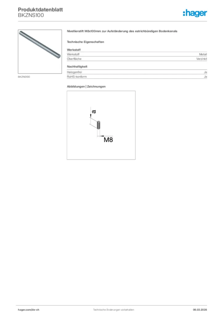 Bild Hager Produktdatenblatt BKZNS100 | Hager Schweiz