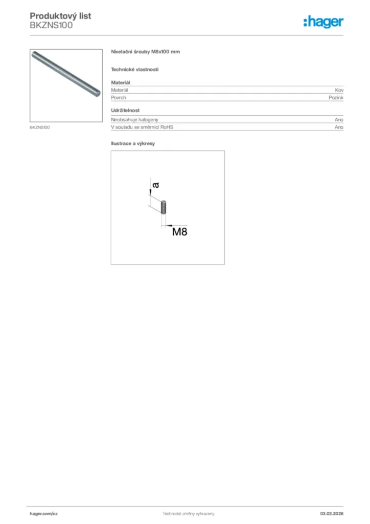 Obrázek Hager Product data sheet BKZNS100 | Hager