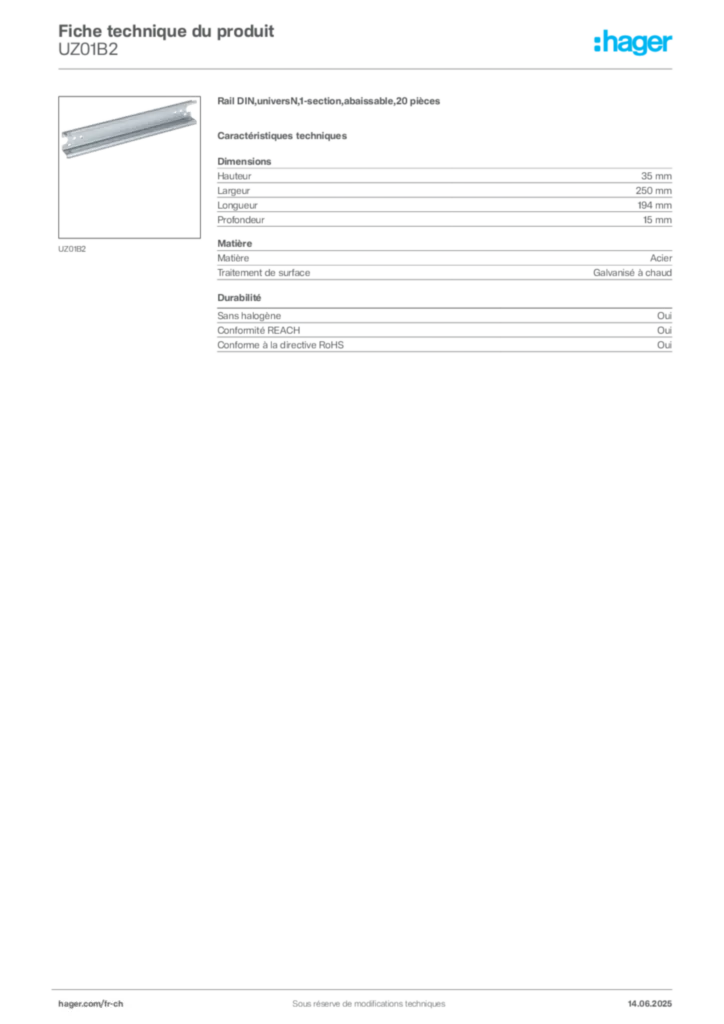 Image Hager Fiche technique du produit UZ01B2 | Hager Suisse