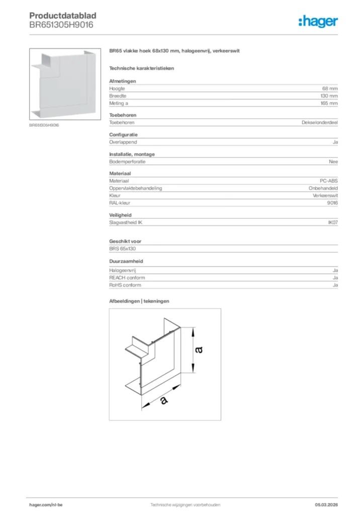 Afbeelding Hager Productdatablad BR651305H9016 | Hager Belgium