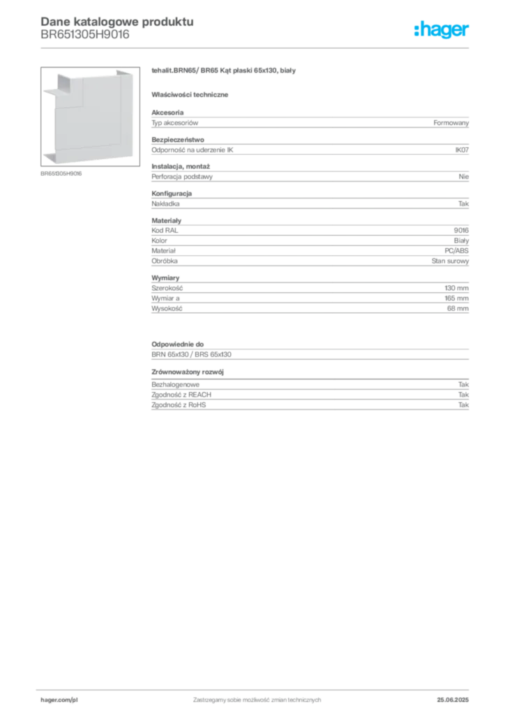 Zdjęcie Hager Karta katalogowa BR651305H9016 | Hager Polska