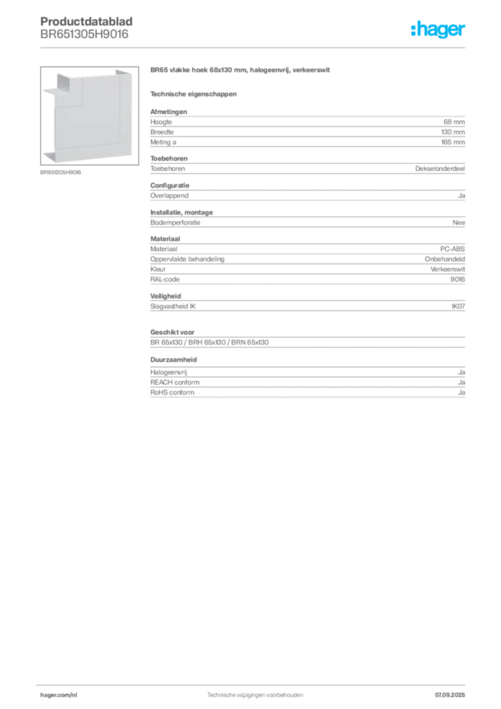 Afbeelding Hager Productdatablad BR651305H9016 | Hager Nederland