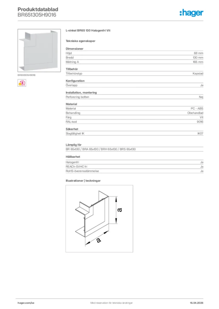 Bild Hager Produktdatablad BR651305H9016 | Hager Sverige
