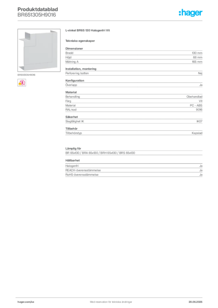 Bild Hager Produktdatablad BR651305H9016 | Hager Sverige