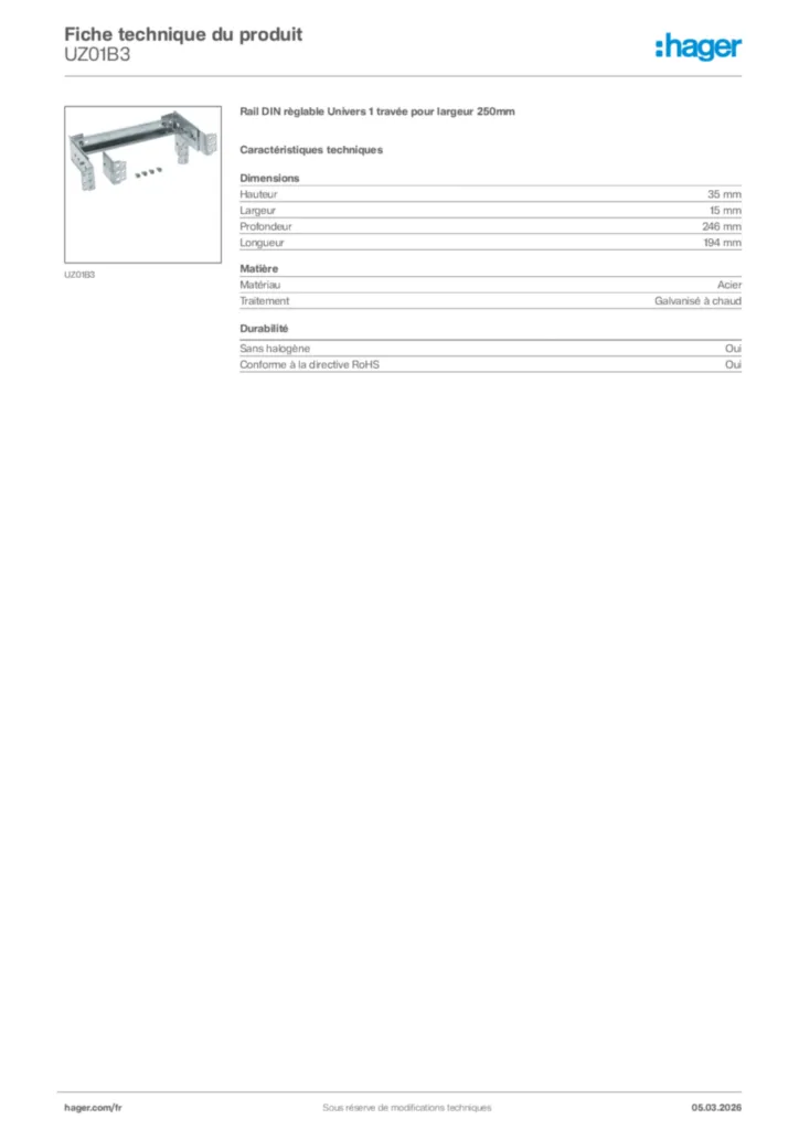 Image Hager Fiche technique du produit UZ01B3 | Hager France