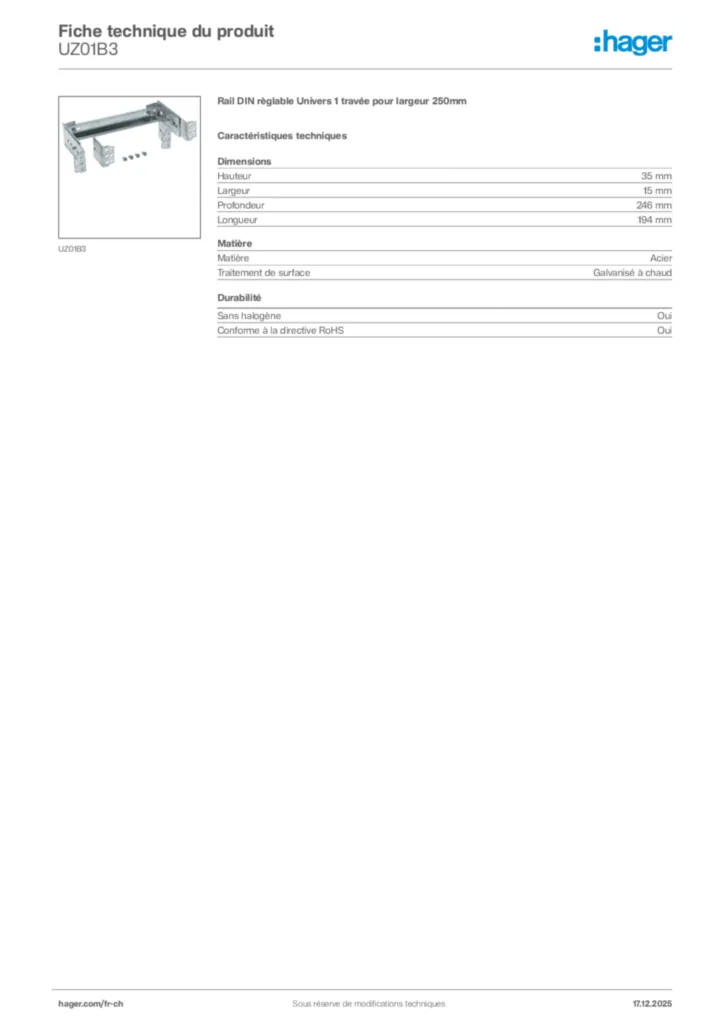 Image Hager Fiche technique du produit UZ01B3 | Hager Suisse