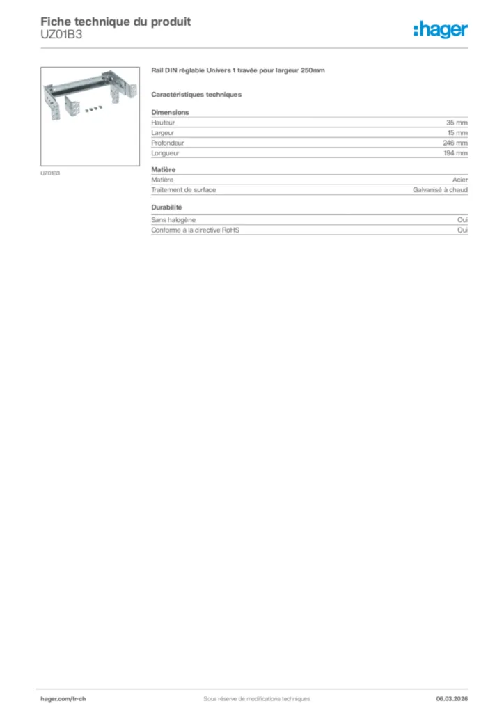 Image Hager Fiche technique du produit UZ01B3 | Hager Suisse