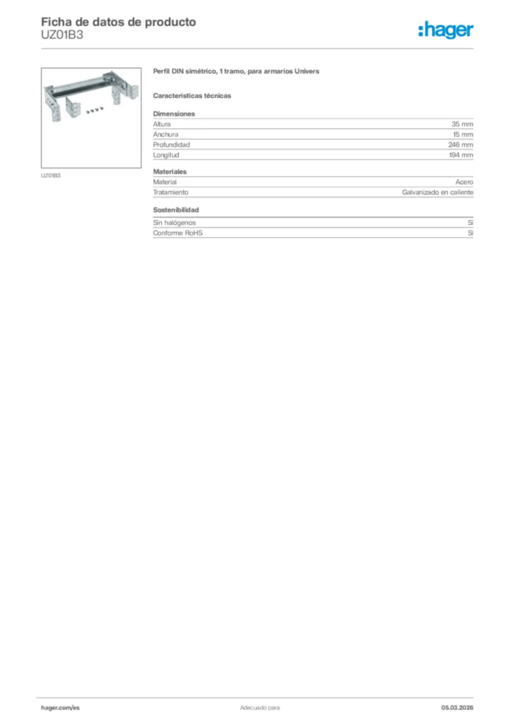 Imagen Hager Ficha de datos de producto UZ01B3 | Hager España