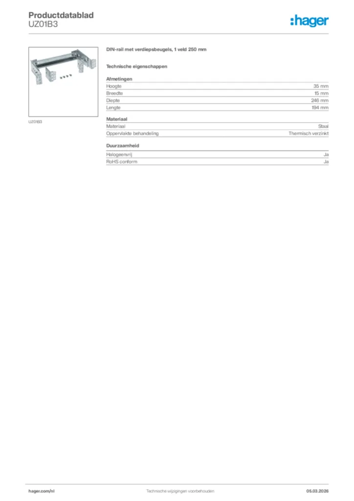 Afbeelding Hager Productdatablad UZ01B3 | Hager Nederland