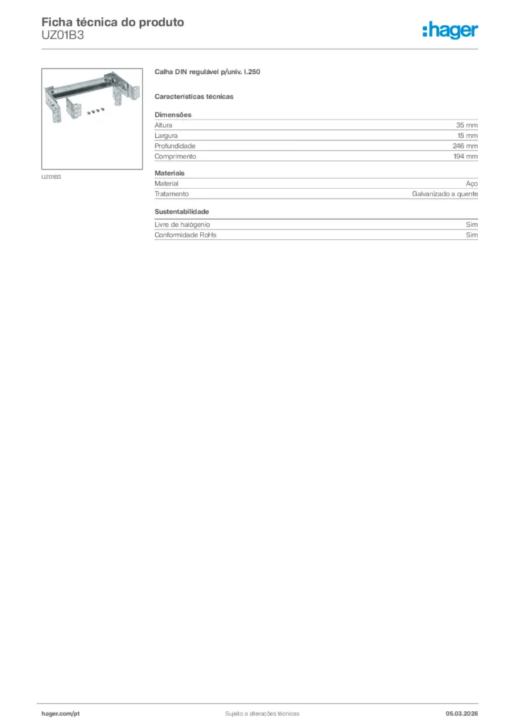 Imagem Hager Ficha técnica do produto UZ01B3 | Hager Portugal