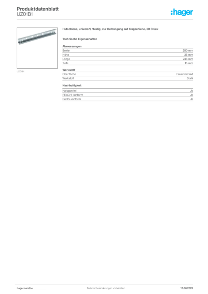 Bild Hager Produktdatenblatt UZ01B1 | Hager Deutschland