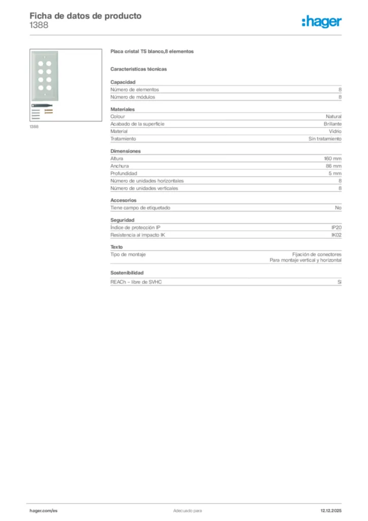 Imagen Hager Ficha de datos de producto 1388 | Hager España