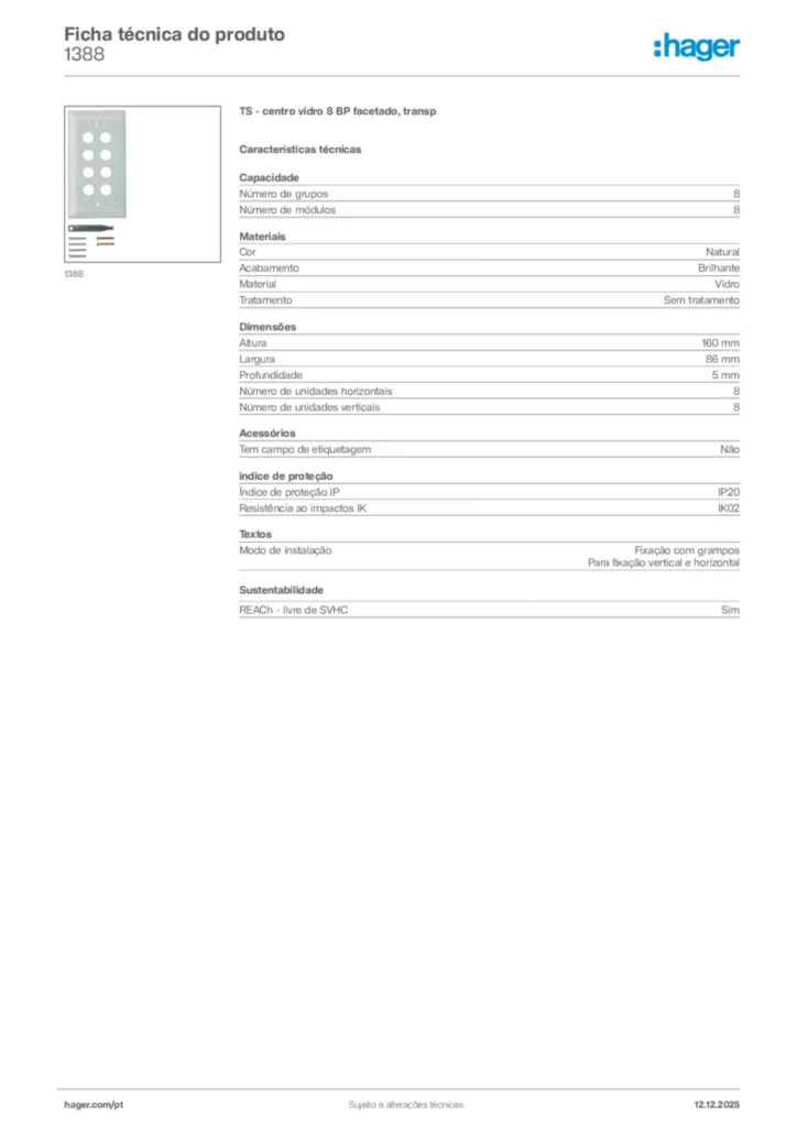 Imagem Hager Ficha técnica do produto 1388 | Hager Portugal