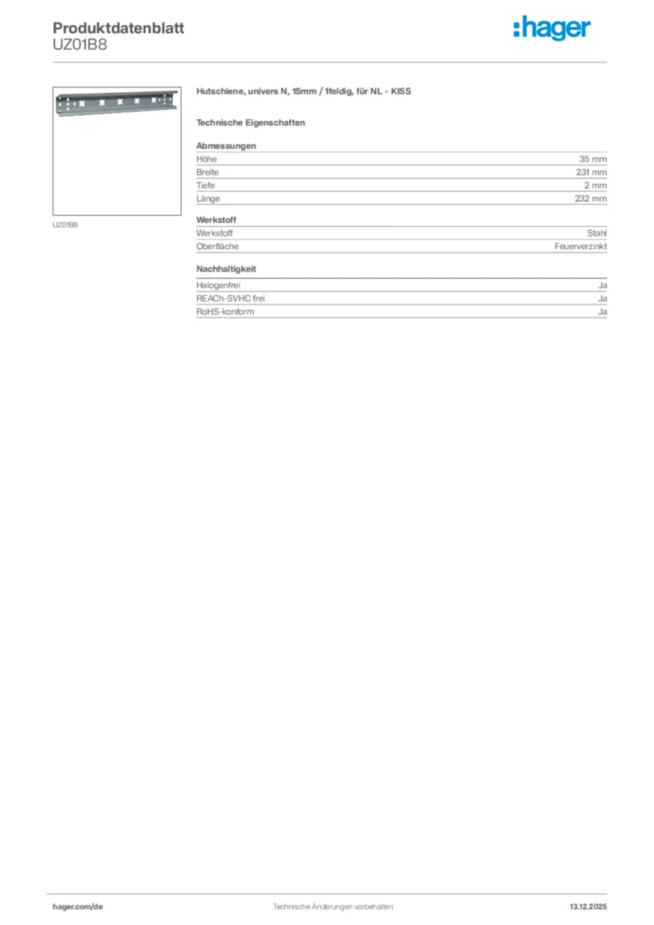Bild Hager Produktdatenblatt UZ01B8 | Hager Deutschland