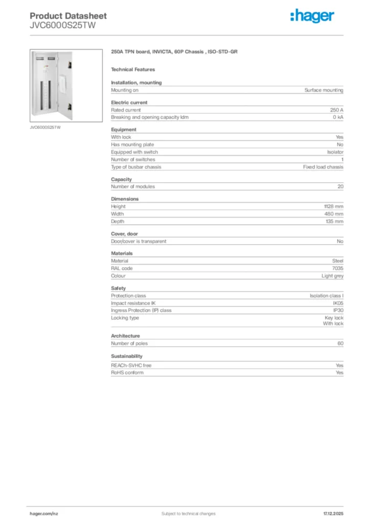 Image Hager Product data sheet JVC6000S25TW  | Hager New Zealand