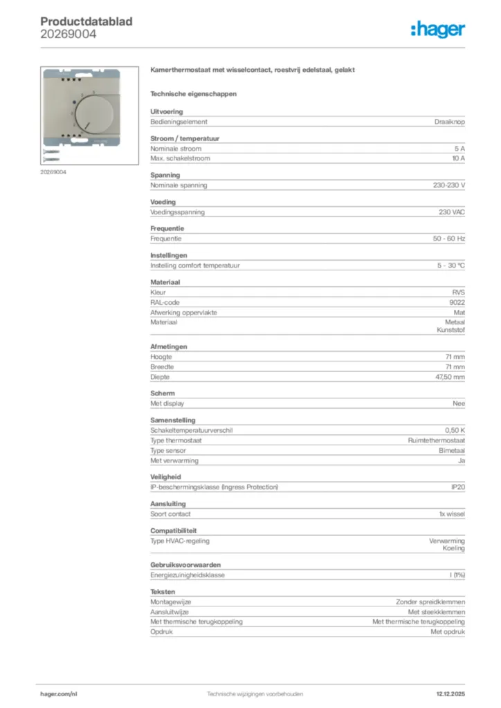 Afbeelding Hager Productdatablad 20269004 | Hager Nederland