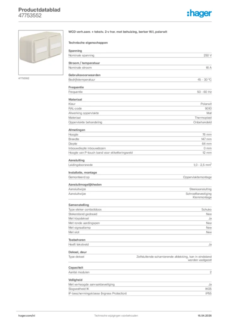 Afbeelding Hager Productdatablad 47753552 | Hager Nederland