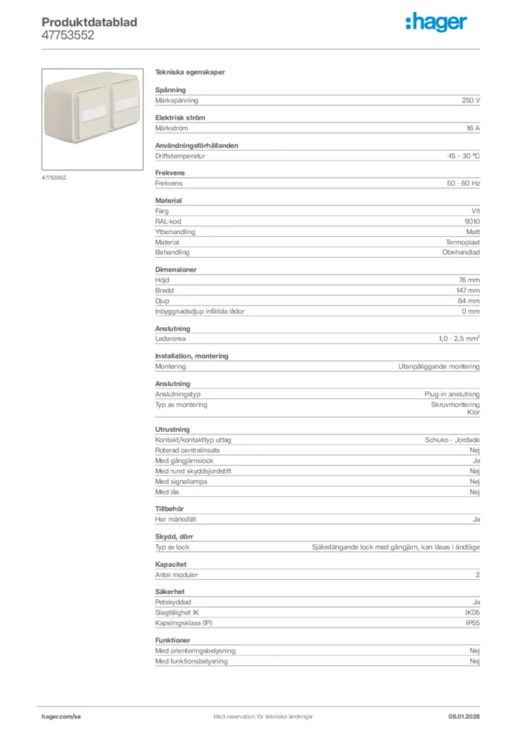 Bild Hager Produktdatablad 47753552 | Hager Sverige