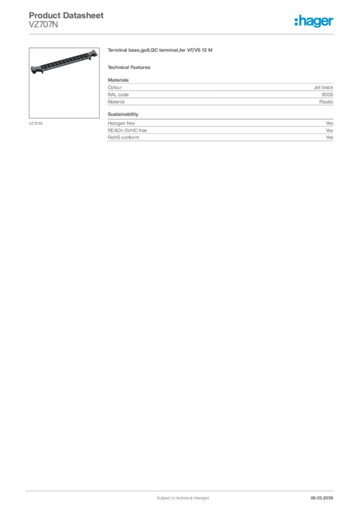 Image Hager Product data sheet VZ707N  | Hager Africa