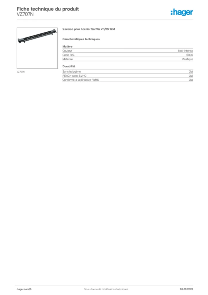 Image Hager Fiche technique du produit VZ707N | Hager France