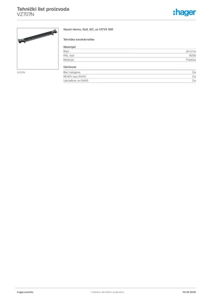 Slika Hager Tehnički list proizvoda VZ707N  | Hager