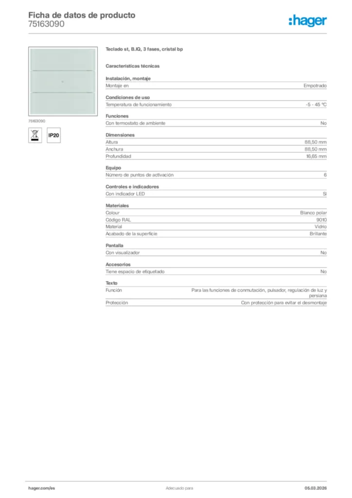 Imagen Hager Ficha de datos de producto 75163090 | Hager España