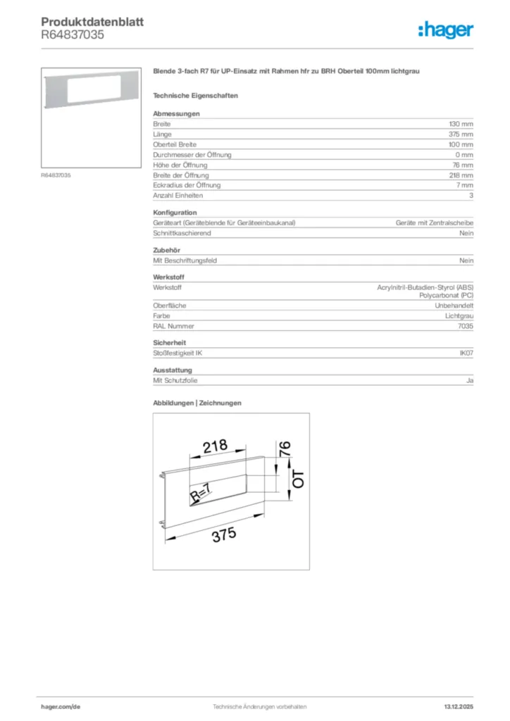 Bild Hager Produktdatenblatt R64837035 | Hager Deutschland