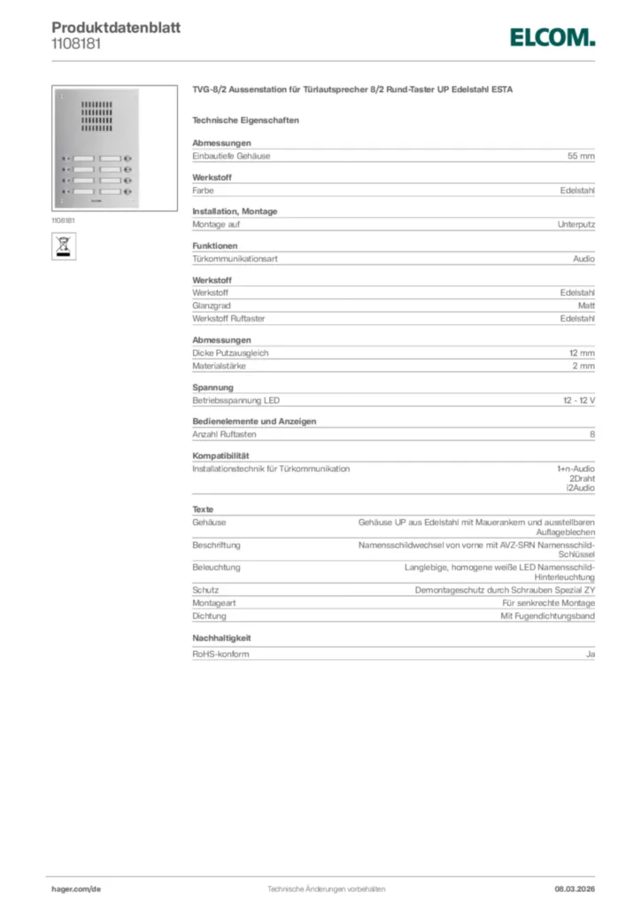Bild Elcom Produktdatenblatt 1108181 | Hager Deutschland