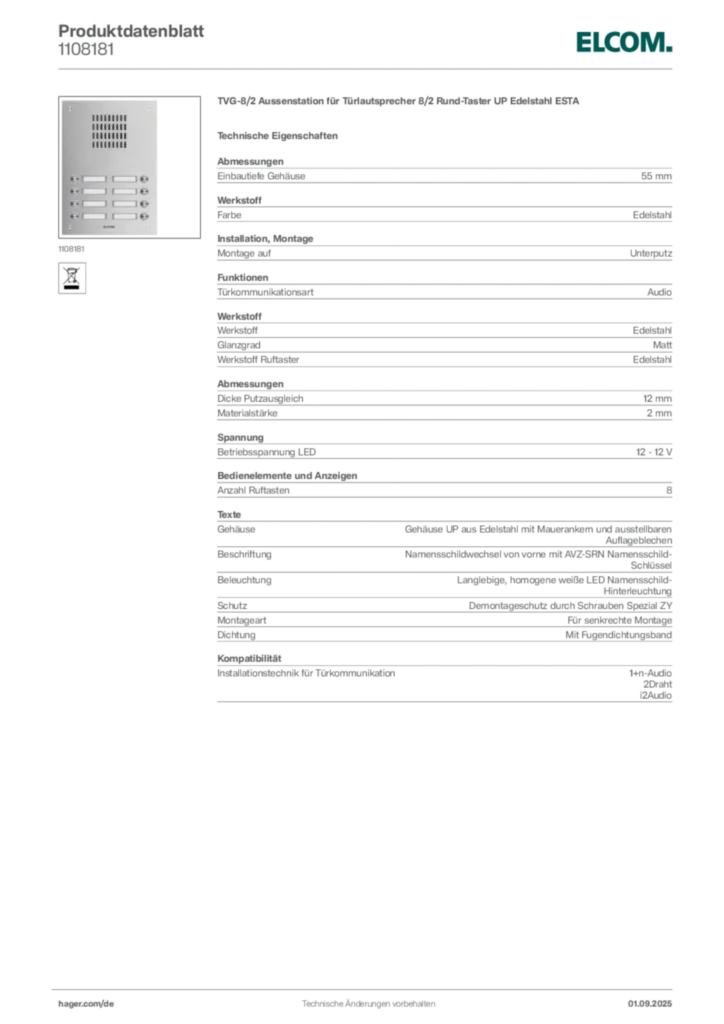 Bild Elcom Produktdatenblatt 1108181 | Hager Deutschland