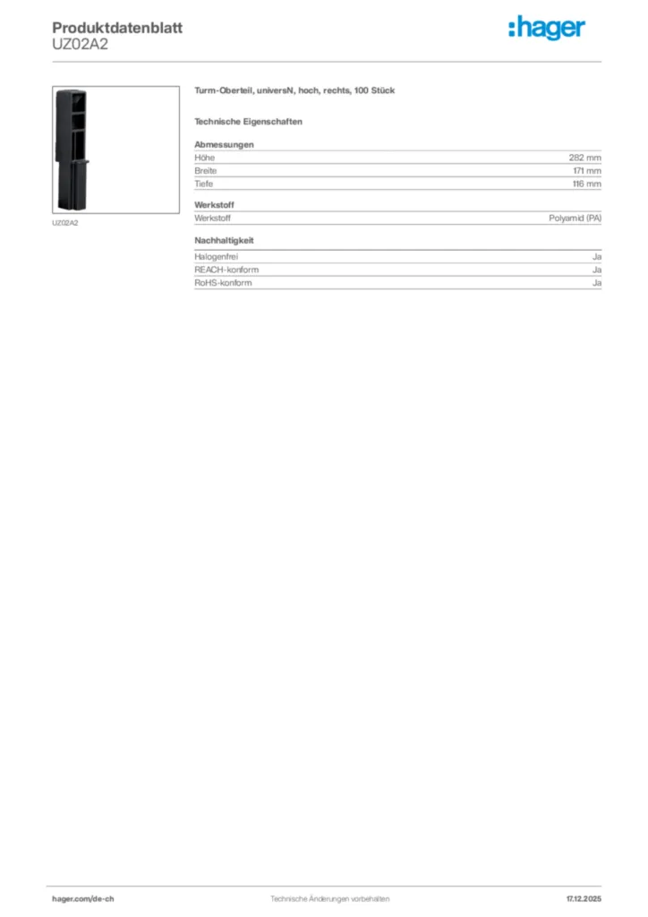 Bild Hager Produktdatenblatt UZ02A2 | Hager Schweiz