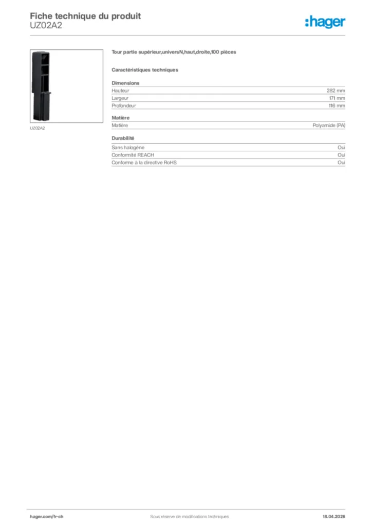 Image Hager Fiche technique du produit UZ02A2 | Hager Suisse