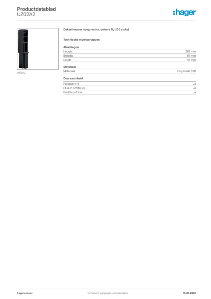 Afbeelding Hager Productdatablad UZ02A2 | Hager Nederland