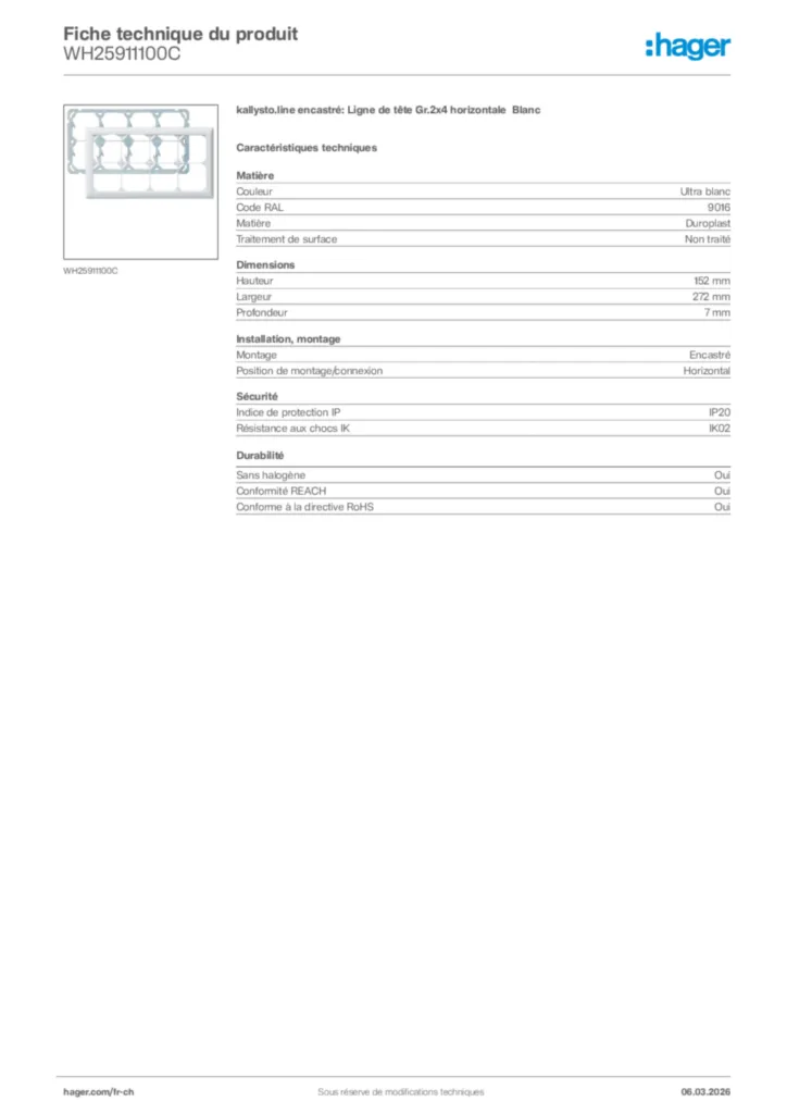 Image Hager Fiche technique du produit WH25911100C | Hager Suisse