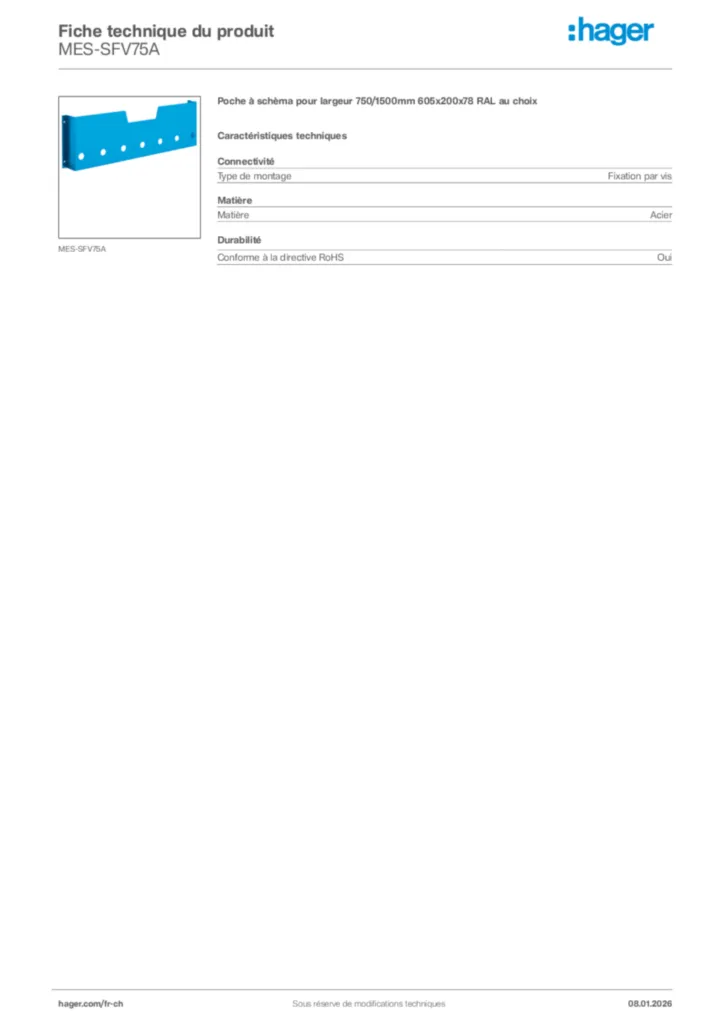 Image Hager Fiche technique du produit MES-SFV75A | Hager Suisse
