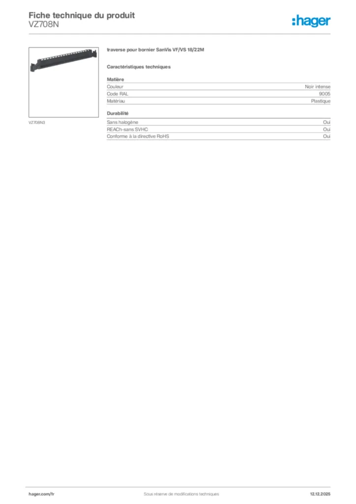 Image Hager Fiche technique du produit VZ708N | Hager France