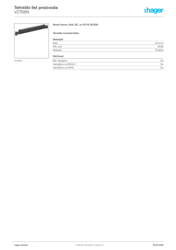 Slika Hager Product data sheet VZ708N  | Hager