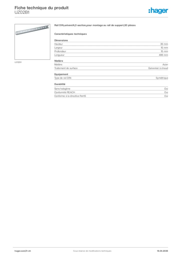 Image Hager Fiche technique du produit UZ02B1 | Hager Suisse