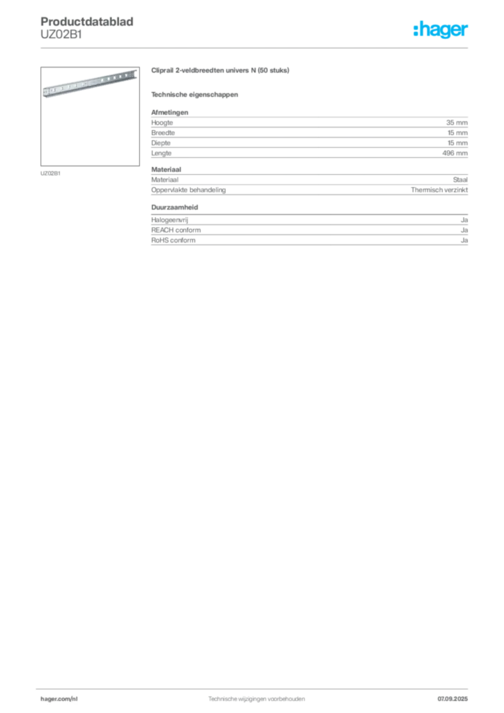 Afbeelding Hager Productdatablad UZ02B1 | Hager Nederland