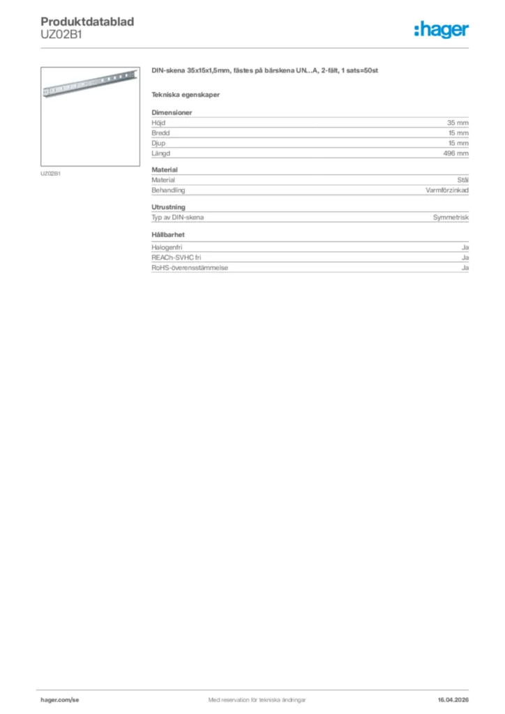 Bild Hager Produktdatablad UZ02B1 | Hager Sverige