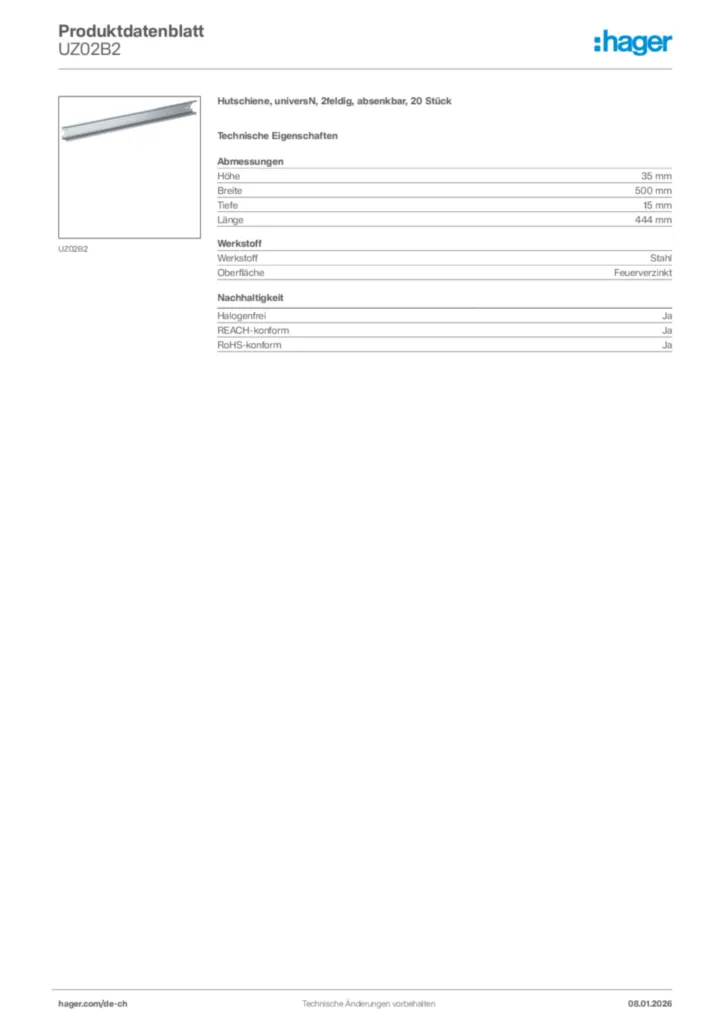 Bild Hager Produktdatenblatt UZ02B2 | Hager Schweiz