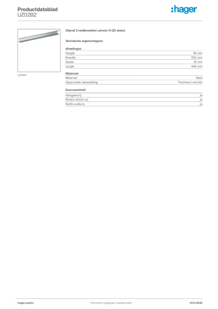 Afbeelding Hager Productdatablad UZ02B2 | Hager Nederland
