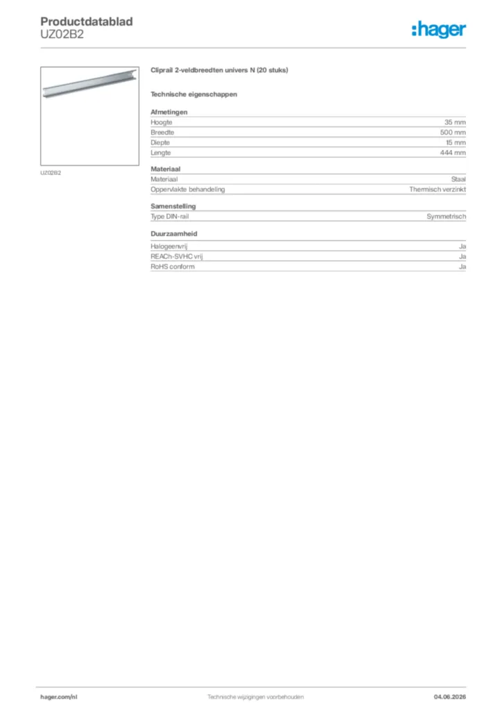 Afbeelding Hager Productdatablad UZ02B2 | Hager Nederland